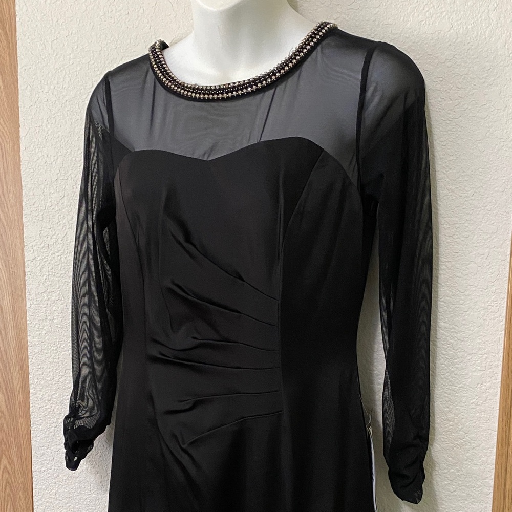 Tahari ASL Black Dress with Sheer Sleeves Evening Gown